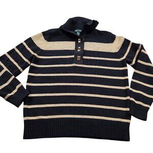 Lauren Ralph Lauren Sweater Womens XL Black Gold Striped Long Sleeve